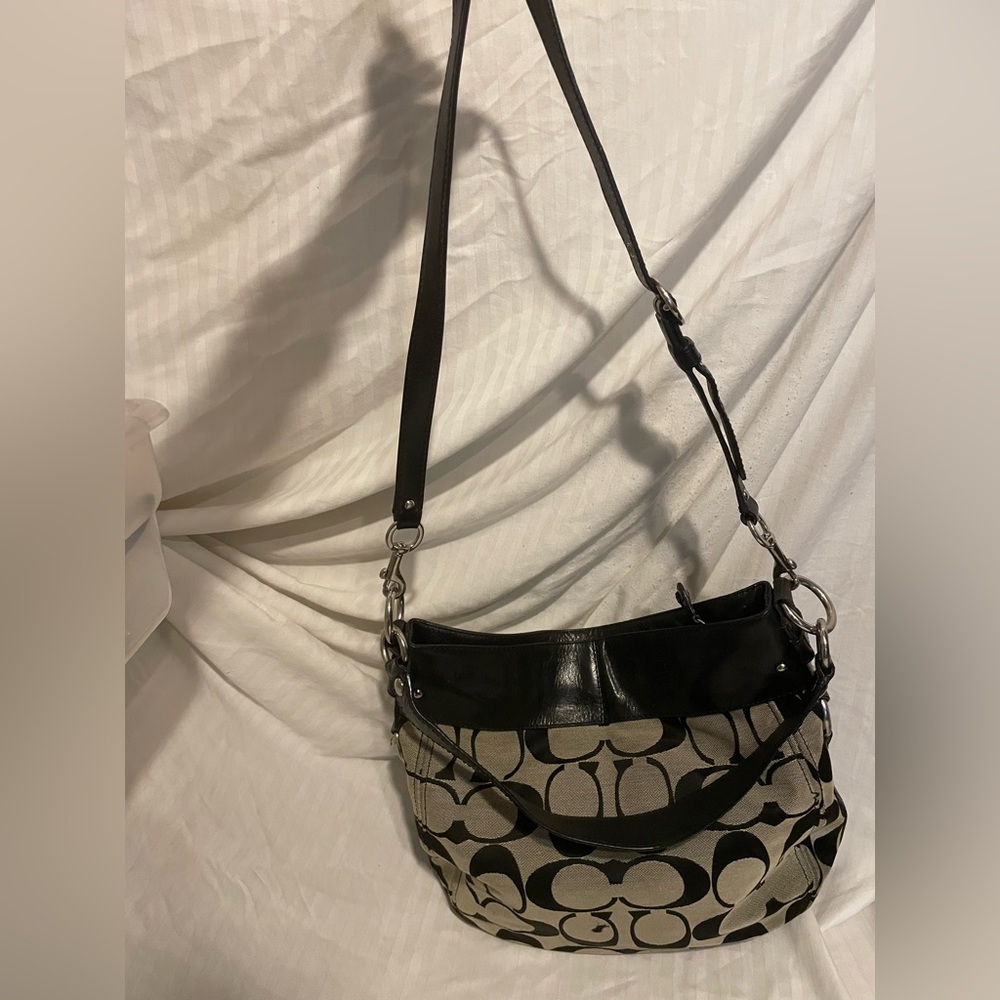 Coach Black and Cream Shoulder Bag with Signature Pattern